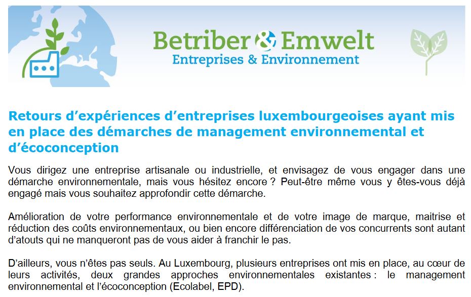 Retours d’expériences d’entreprises luxembourgeoises ayant mis en place des démarches de management environnemental et d’écoconception - 2018